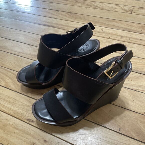 Tory Burch Genuine Leather Platform Wedge Heels Women 6 Black Boho Gold Buckle - Picture 15 of 16